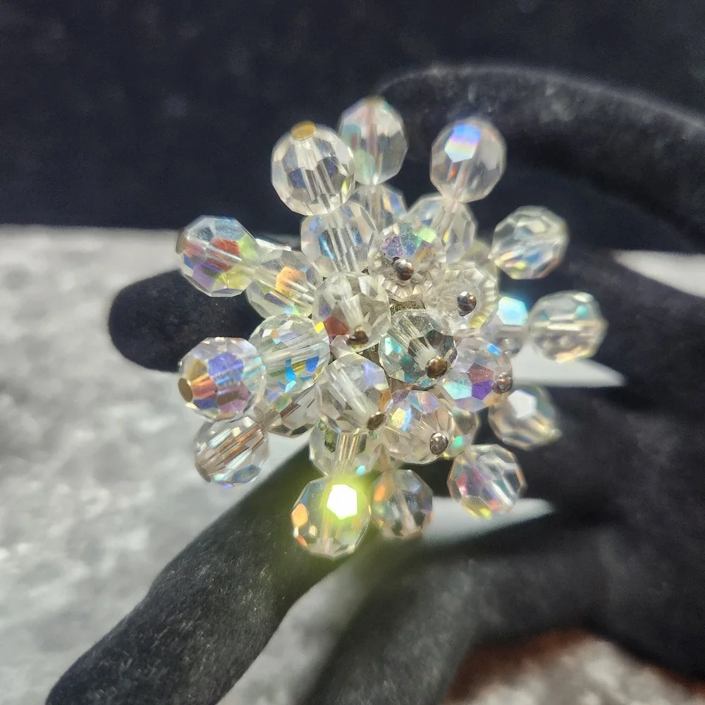 Vintage Aurora Borealis Crystal Bead Snowflake Brooch Silver Tone Iridescent